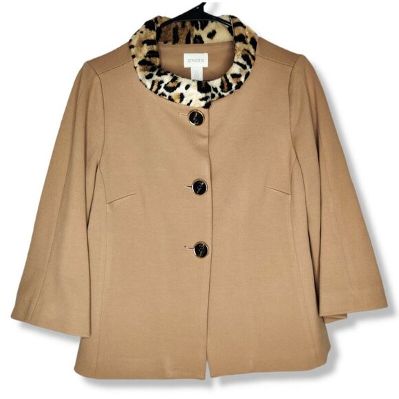 CHICO'S $159 Faux Fur Collar Leopard Swing Jacket Lined Size 0 (Small-4) - Picture 1 of 11